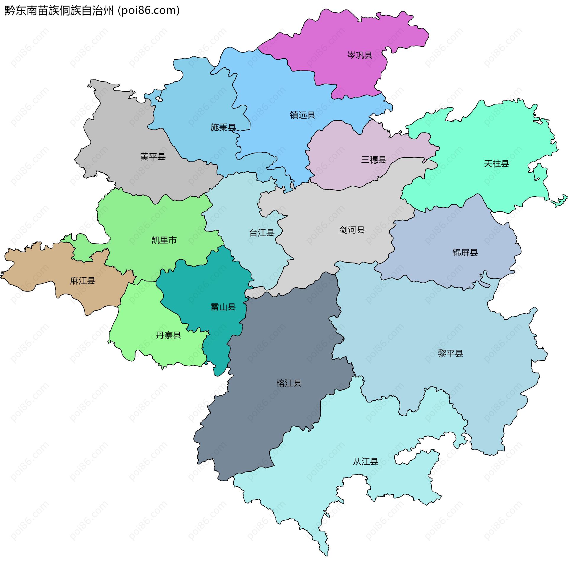 黔东南苗族侗族自治州边界地图